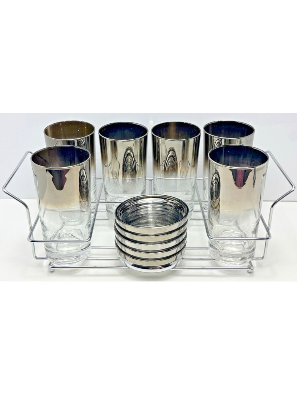 Vtg MCM Mercury Silver Fade Highball Glasses W/Matching Coasters Metal Caddy